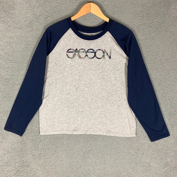 Johnny Was Tops - Johnny Was Sasson Raglan Baseball T-Shirt Women's Large L Grey/Blue Floral Logo